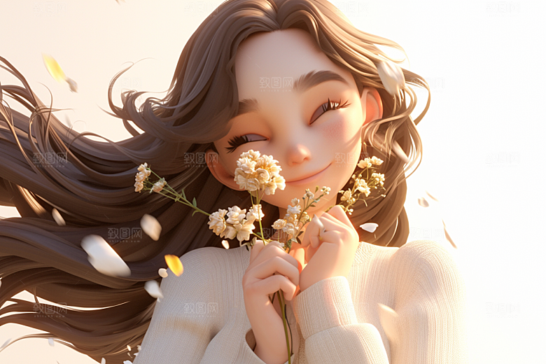 手捧鲜花的少女人物青春素材