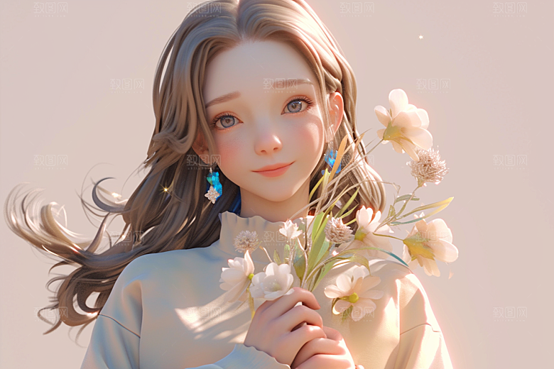 手捧鲜花的少女梦幻唯美素材