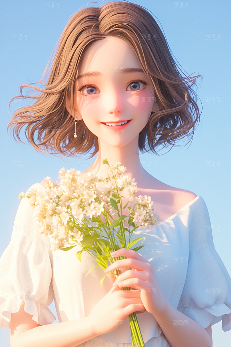 手捧鲜花的少女自然模型素材