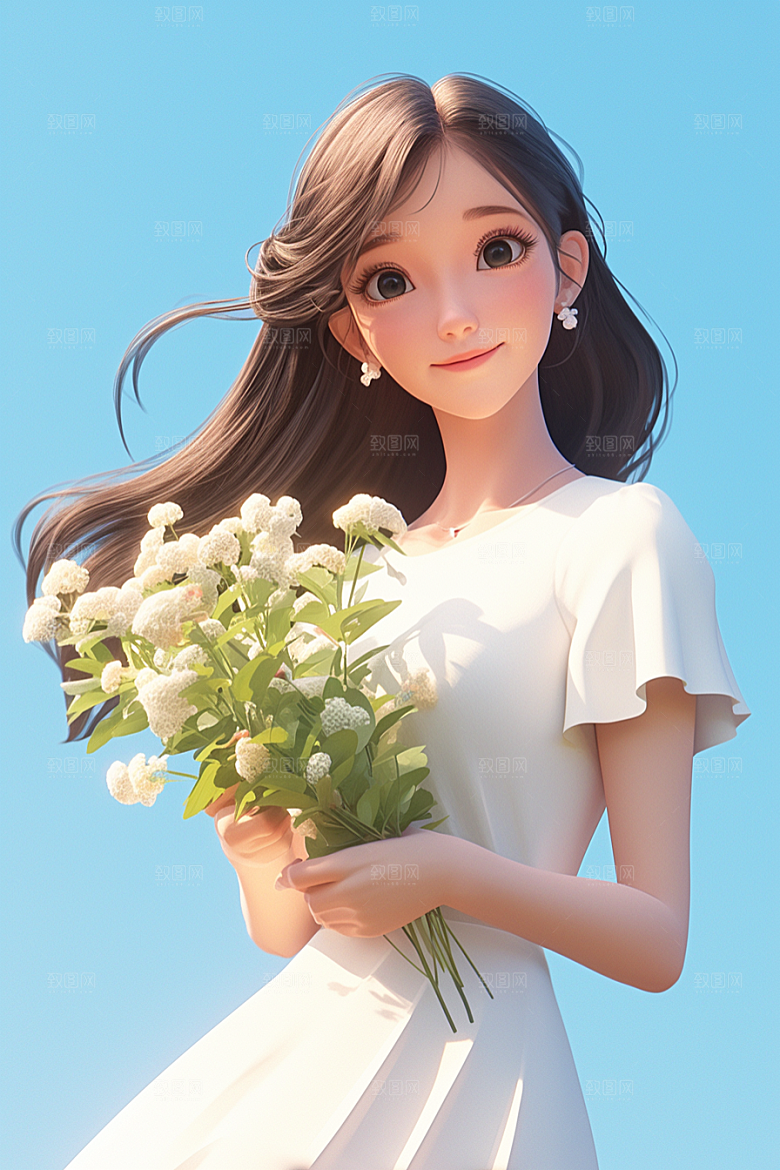 手捧鲜花的少女清新春天素材