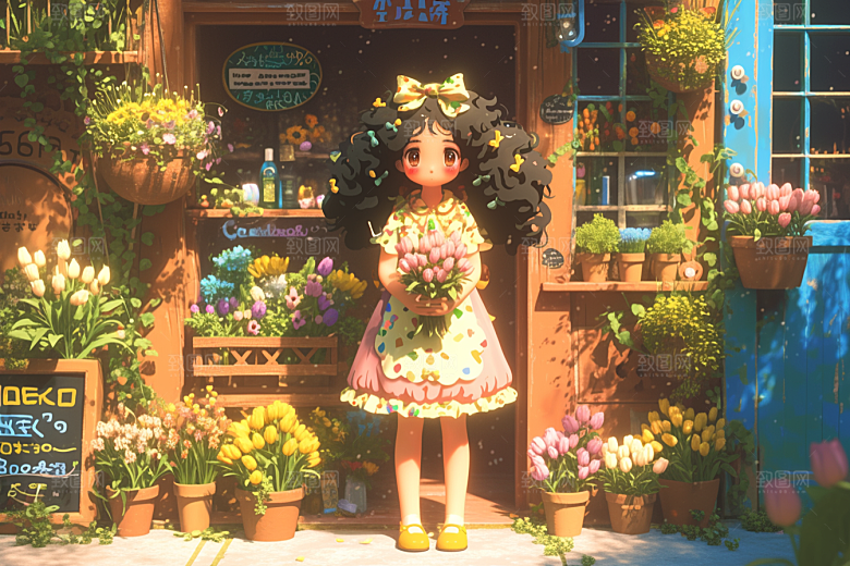 手捧鲜花的少女春天梦幻素材