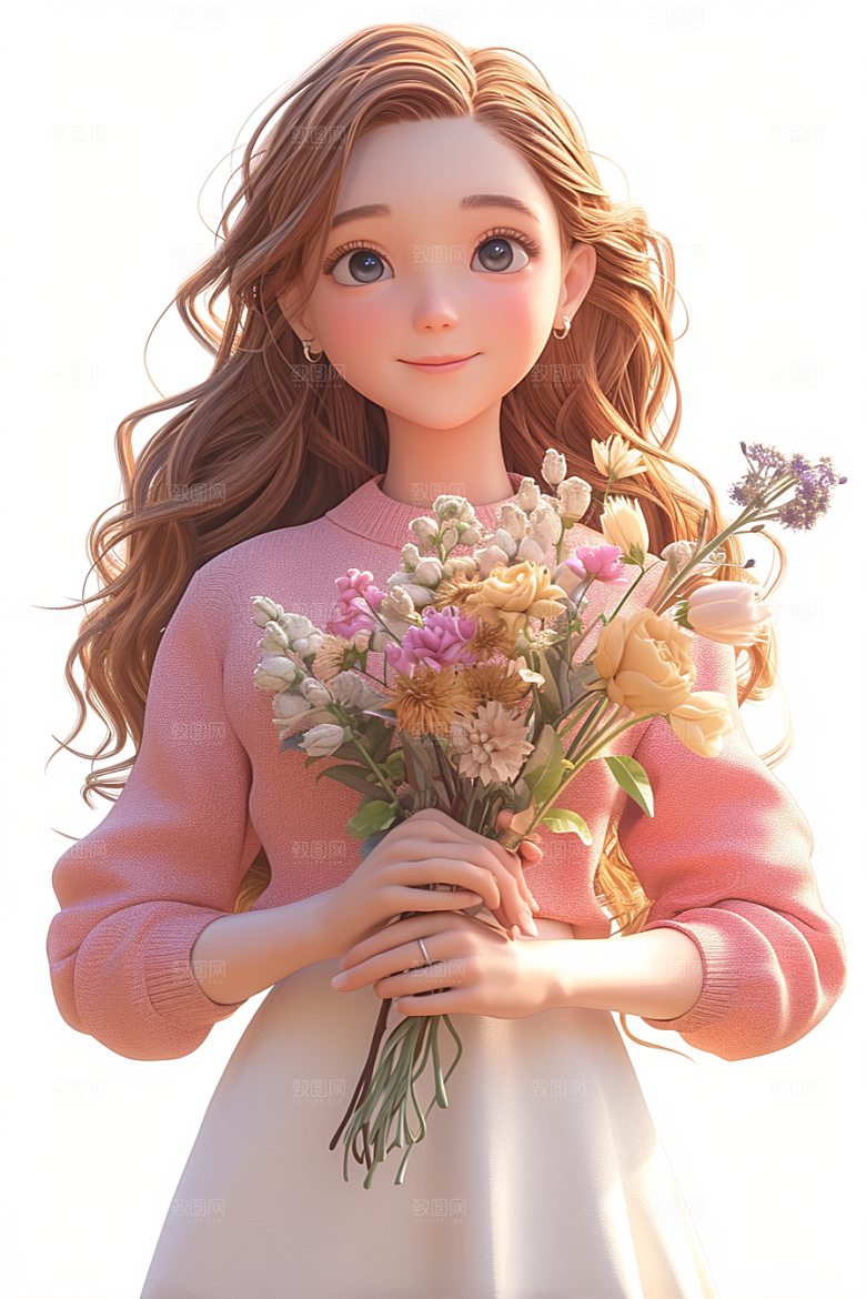 手捧鲜花的少女唯美青春素材
