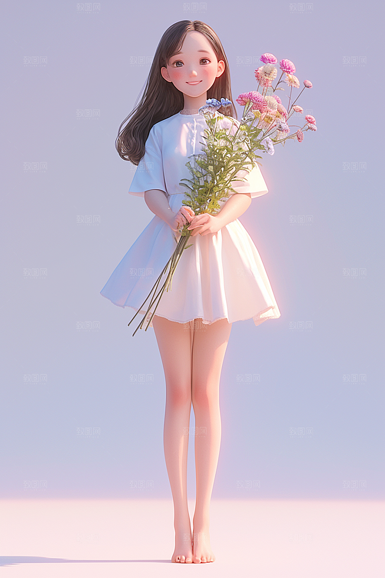 手捧鲜花的少女自然模型素材
