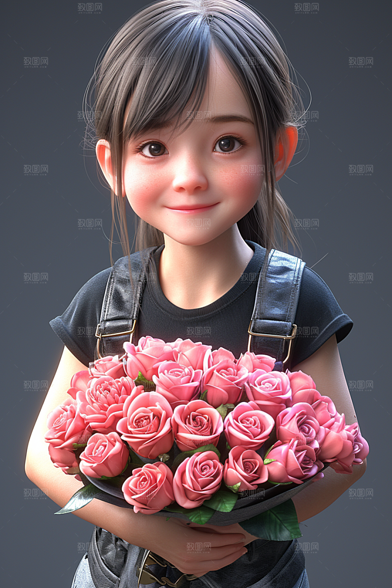 手捧鲜花的少女人物立体素材