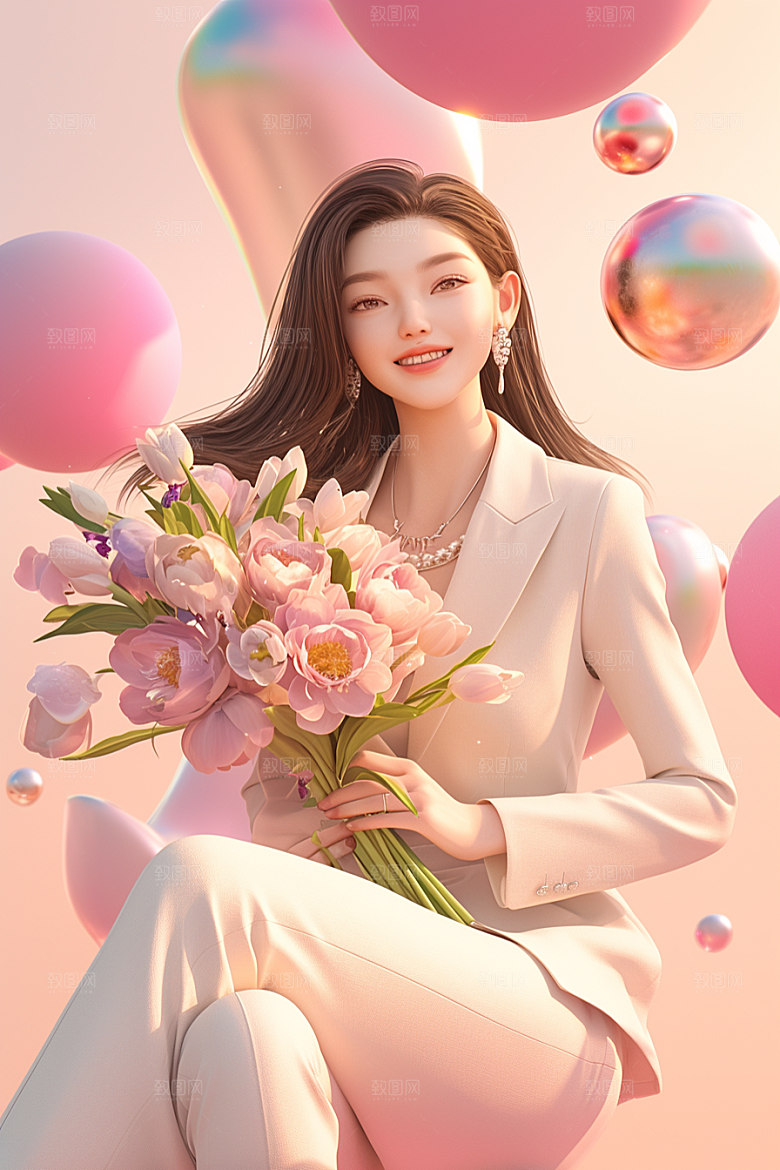 手捧鲜花的少女花朵3D素材