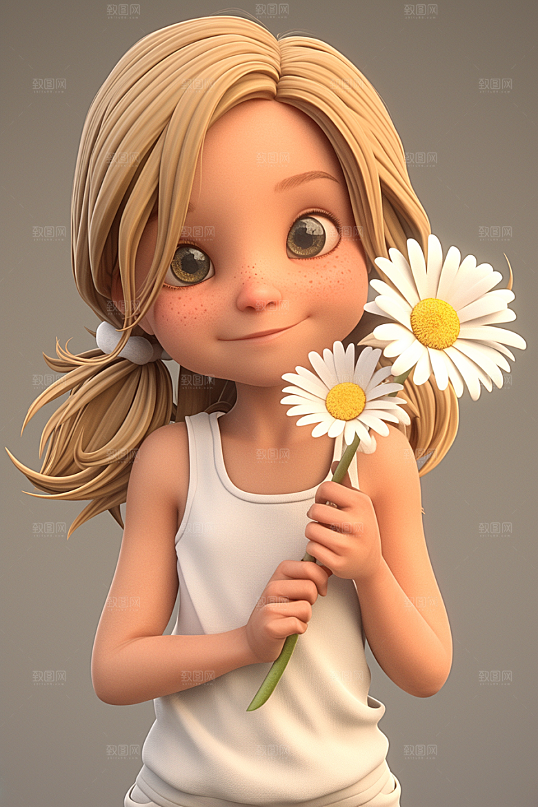 手捧鲜花的少女立体烂漫素材