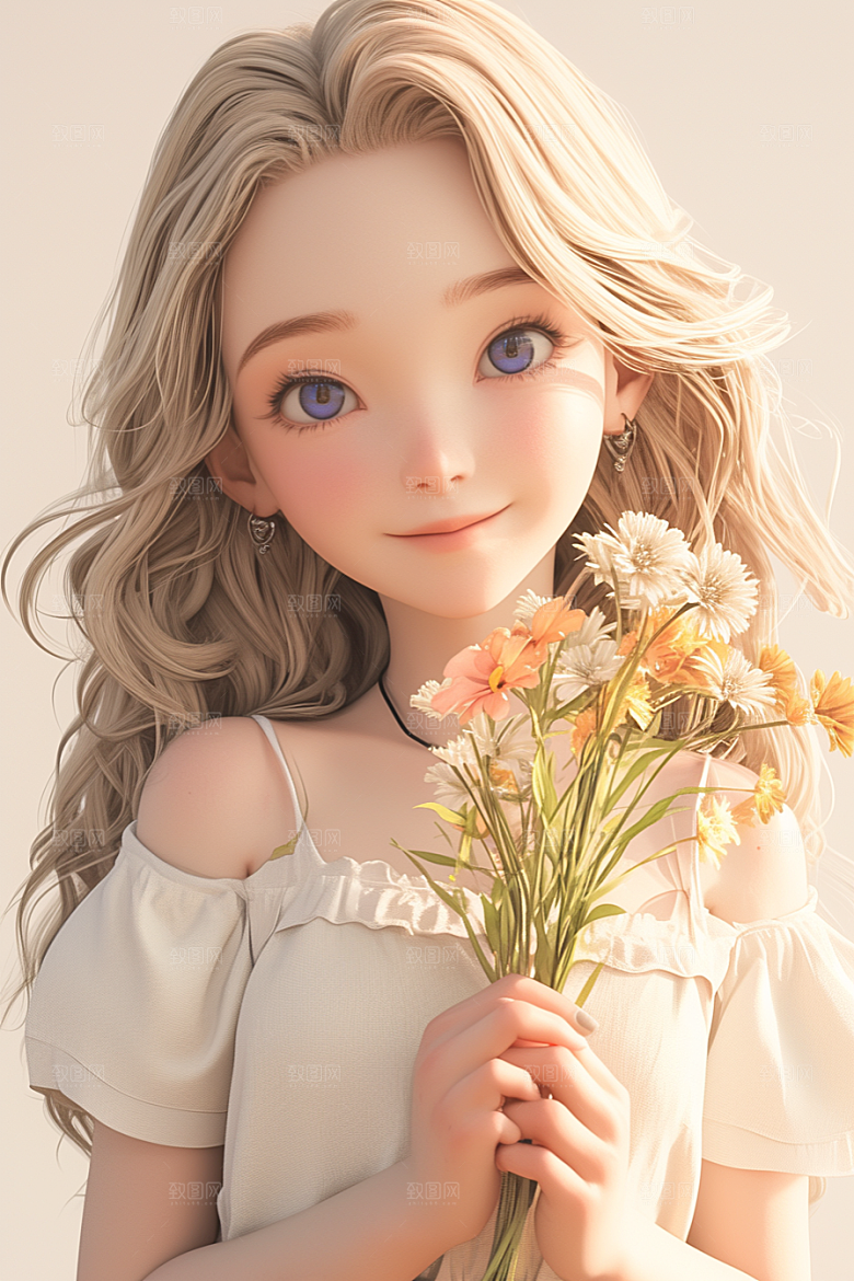 手捧鲜花的少女花朵立体素材
