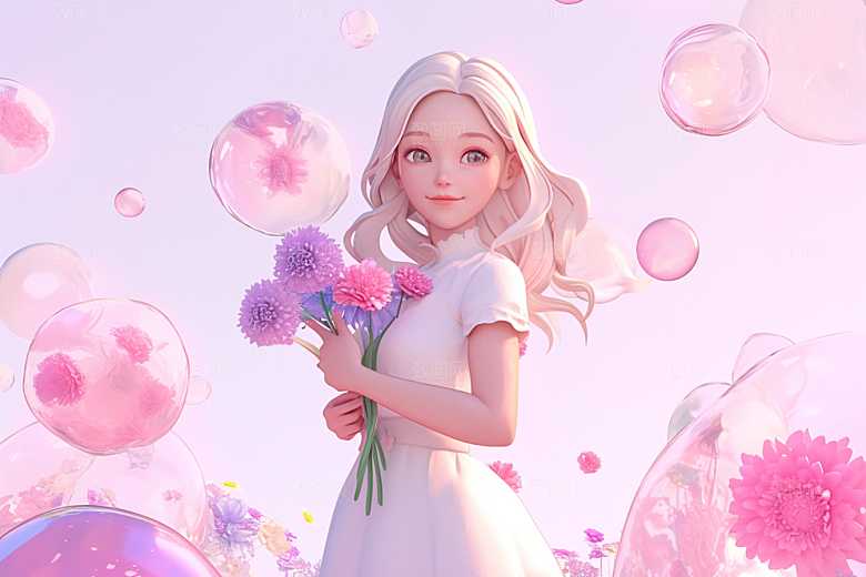 手捧鲜花的少女模型春天素材