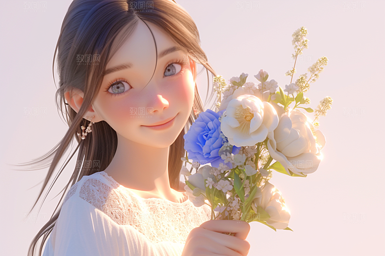手捧鲜花的少女人物3D素材
