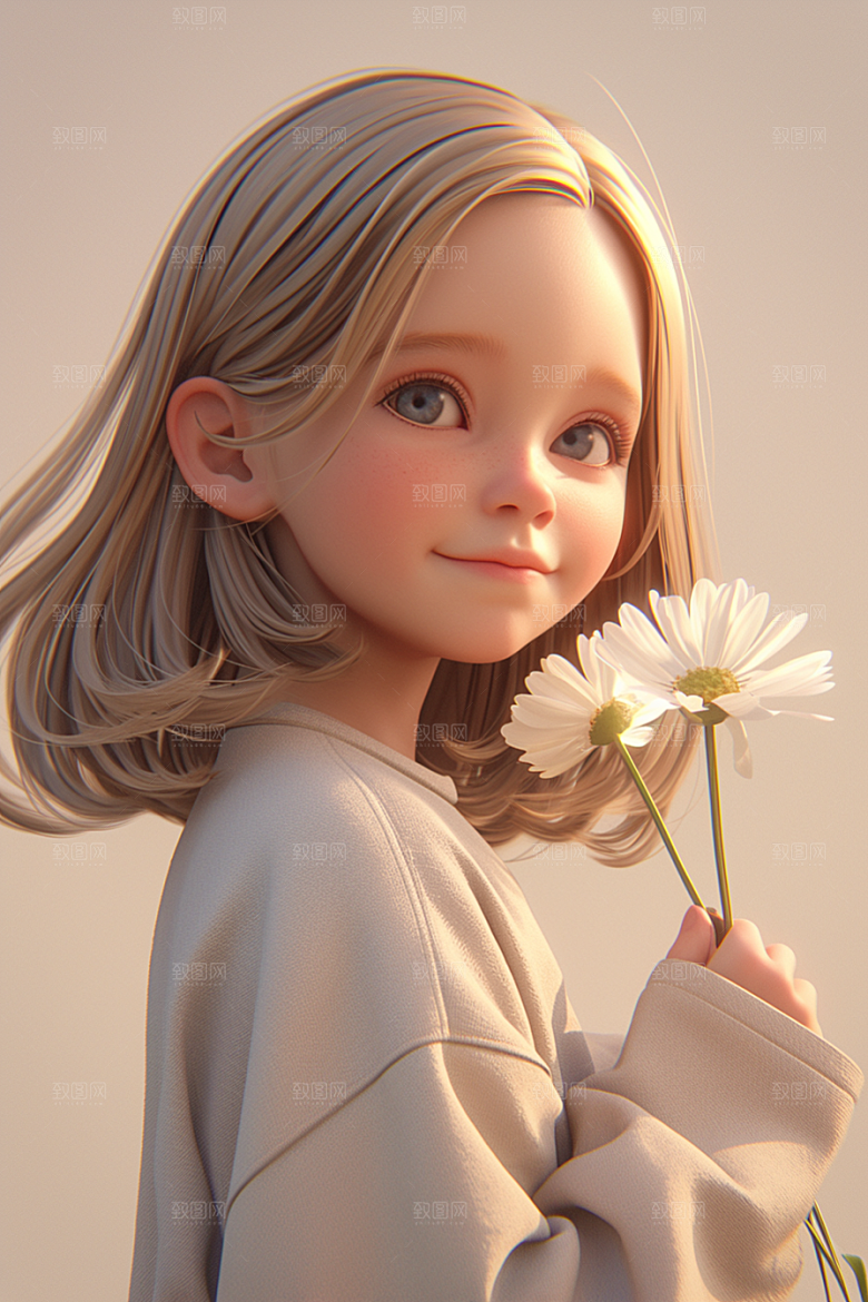 手捧鲜花的少女3D唯美素材
