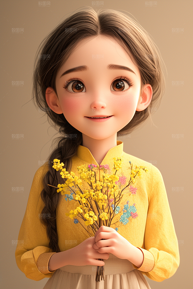 手捧鲜花的少女人物春天素材