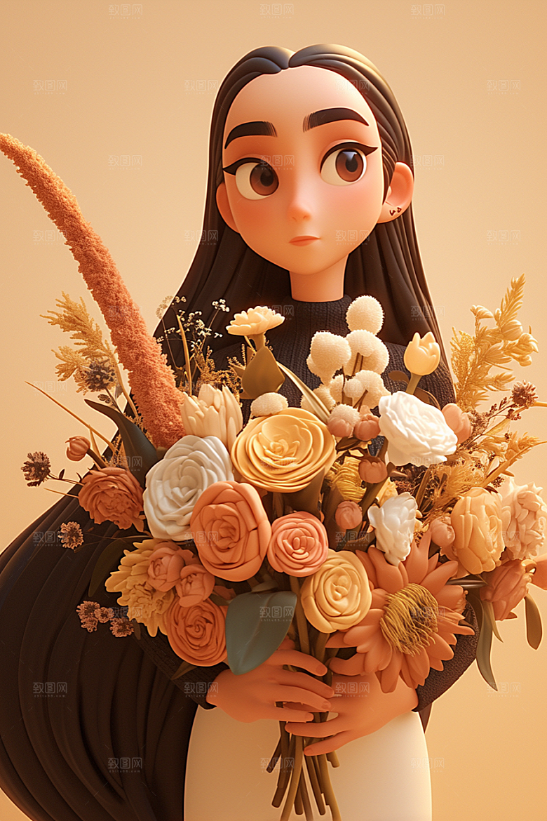 手捧鲜花的少女梦幻唯美素材