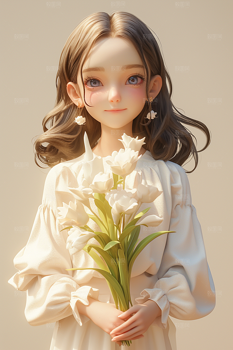 手捧鲜花的少女自然立体素材