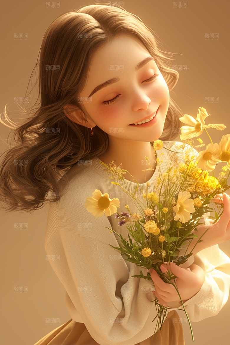 手捧鲜花的少女青春唯美素材