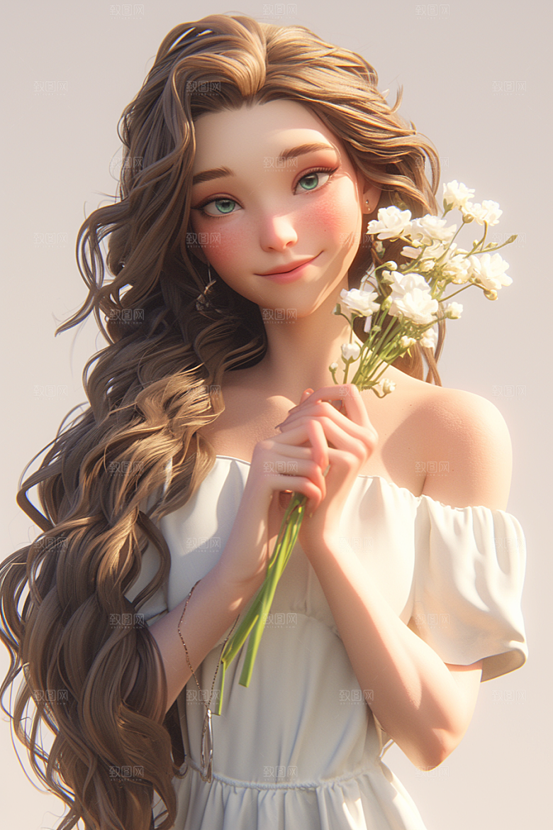手捧鲜花的少女3D清新素材