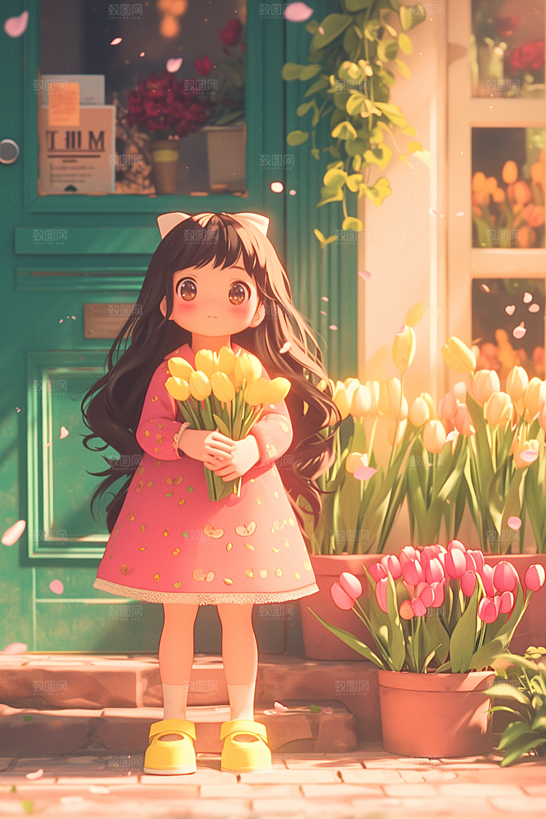 手捧鲜花的少女立体青春素材