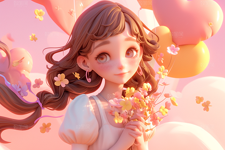 手捧鲜花的少女肖像3D素材