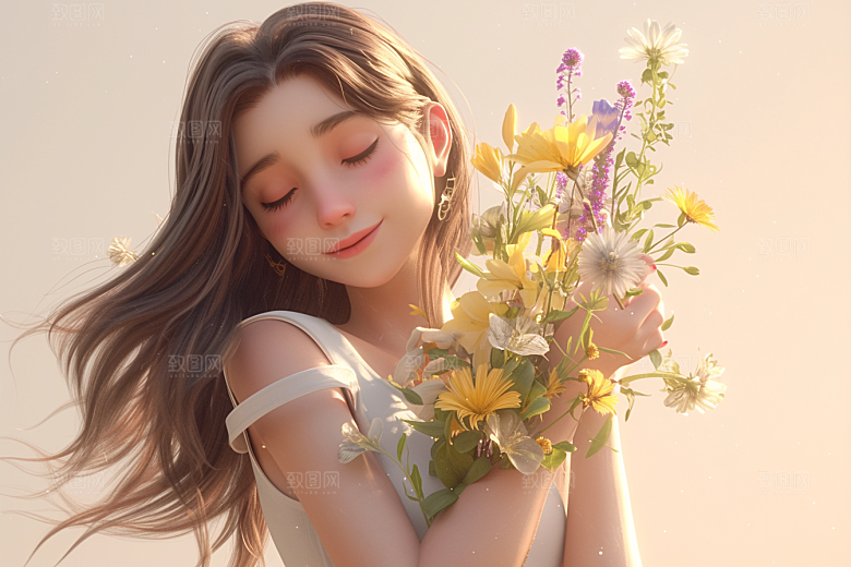手捧鲜花的少女烂漫青春素材
