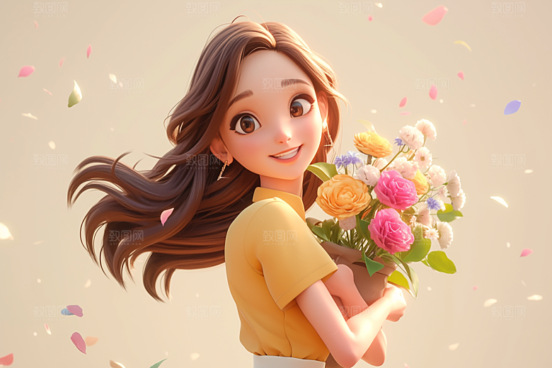 手捧鲜花的少女自然春天素材