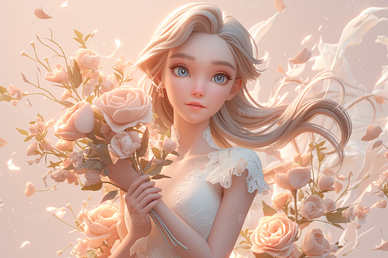 手捧鲜花的少女花朵梦幻素材