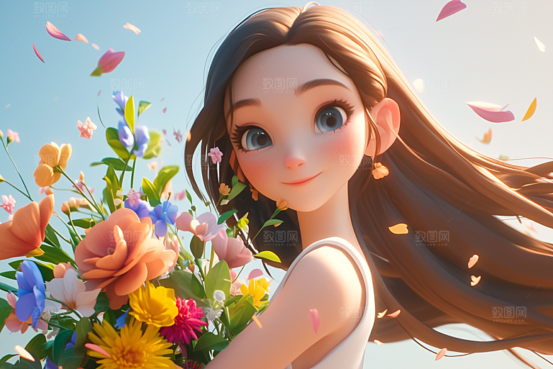 手捧鲜花的少女青春肖像素材