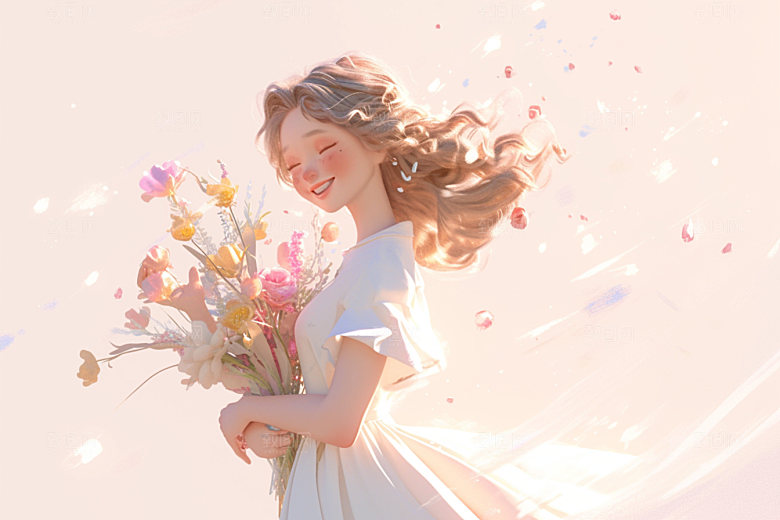 手捧鲜花的少女青春模型素材