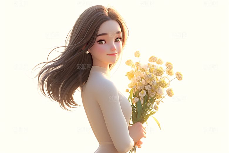 手捧鲜花的少女花朵春天素材