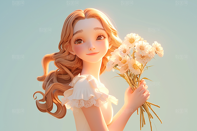 手捧鲜花的少女春天花朵素材