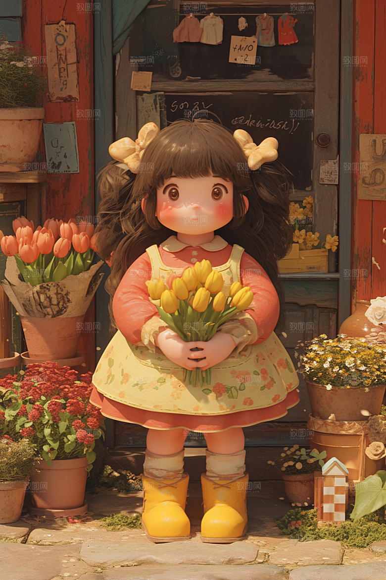 手捧鲜花的少女清新春天素材
