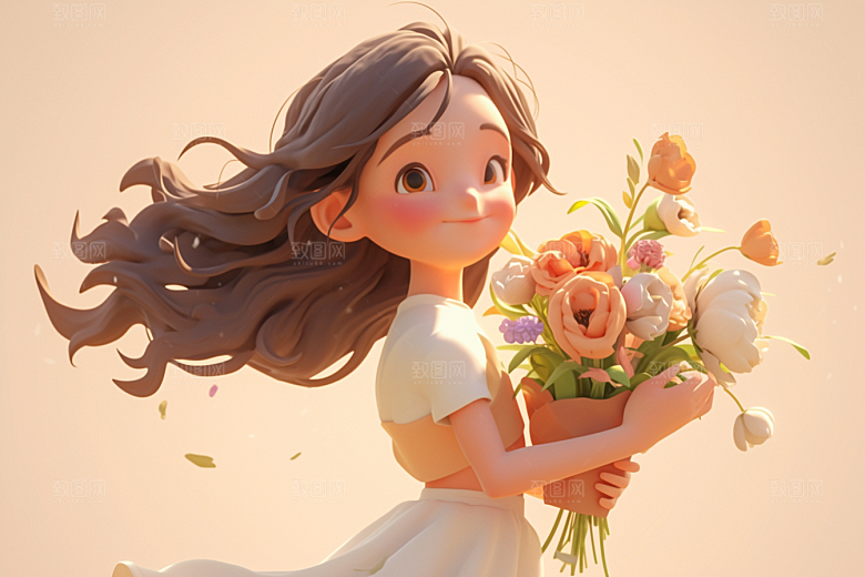 手捧鲜花的少女清新烂漫素材
