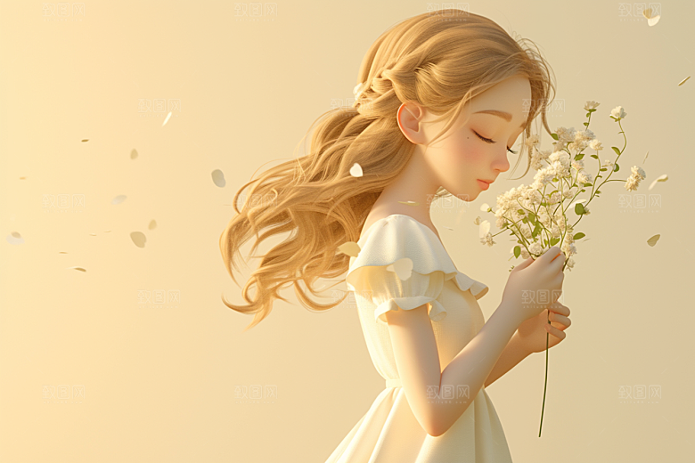 手捧鲜花的少女3D模型素材