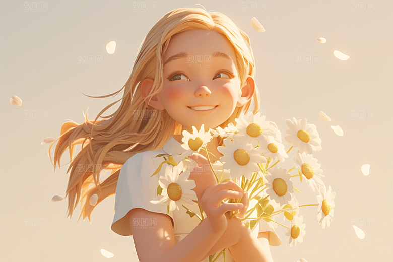 手捧鲜花的少女烂漫人物素材