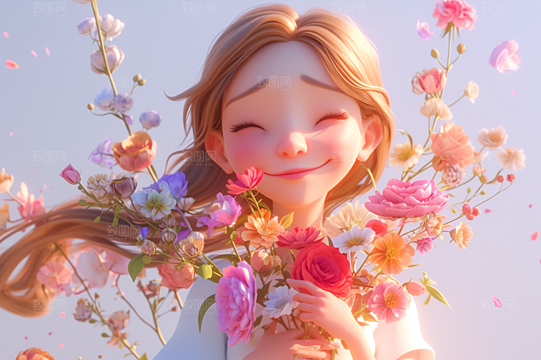 手捧鲜花的少女3D青春素材