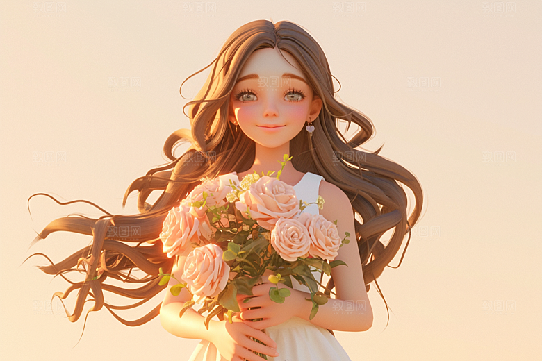 手捧鲜花的少女肖像梦幻素材