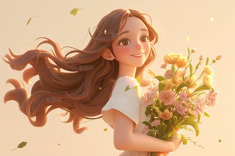 手捧鲜花的少女花朵梦幻素材