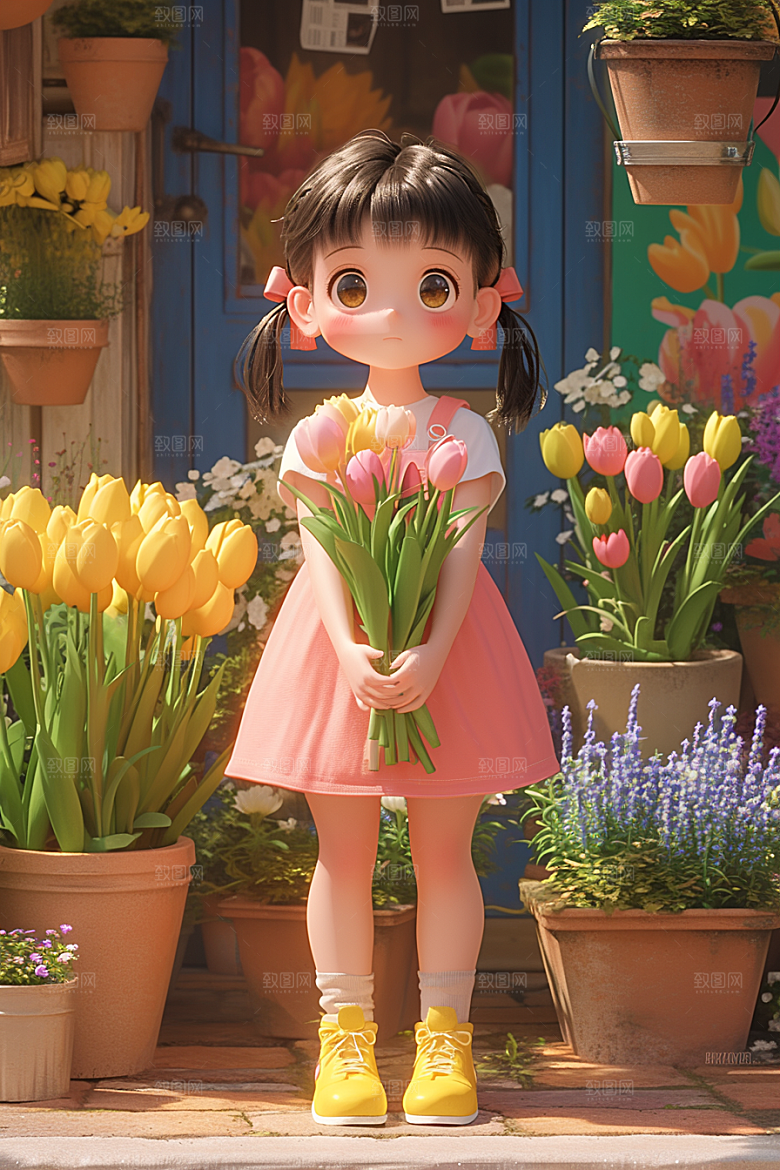 手捧鲜花的少女青春立体素材