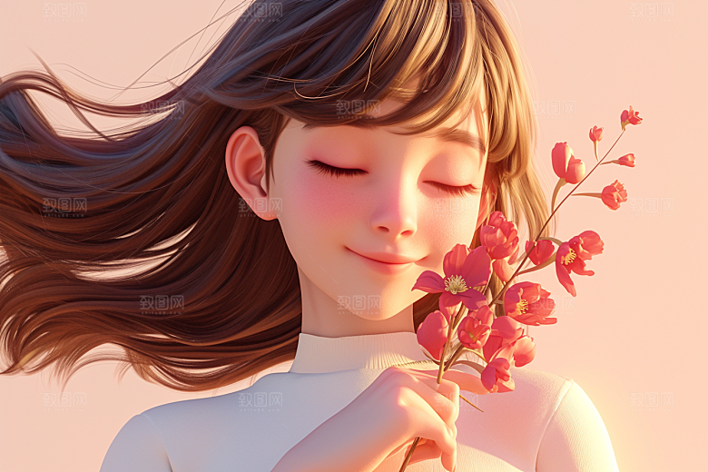手捧鲜花的少女人物立体素材