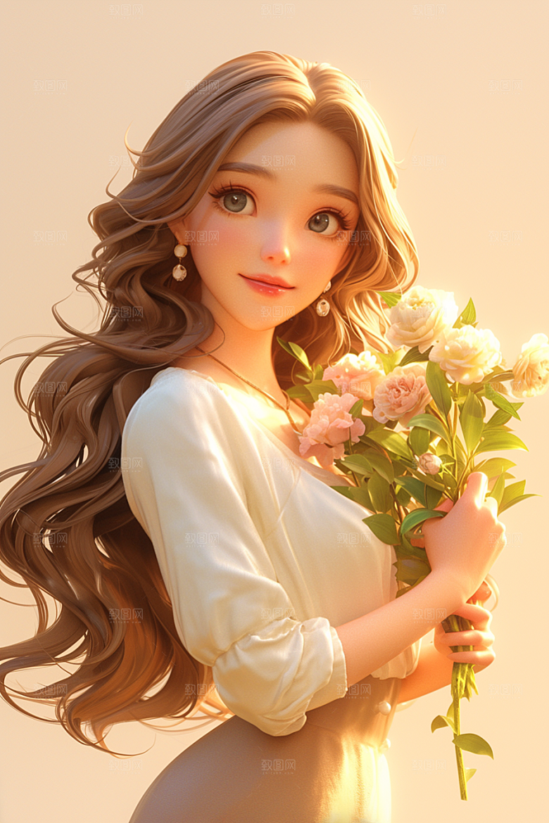 手捧鲜花的少女自然唯美素材