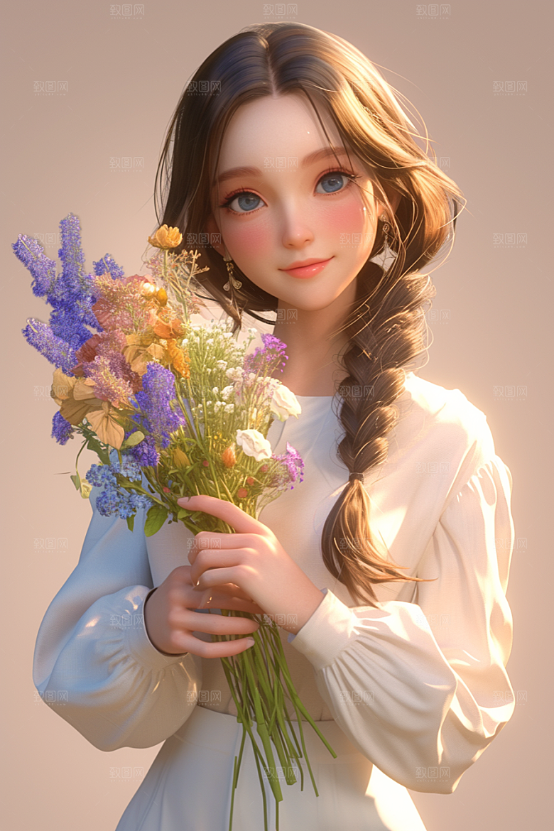 手捧鲜花的少女肖像花朵素材