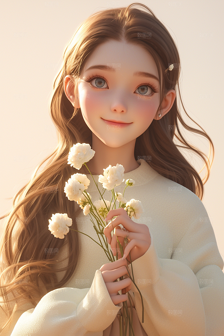 手捧鲜花的少女飞舞的裙摆3D素材