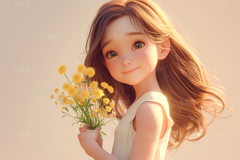 手捧鲜花的少女3D唯美素材