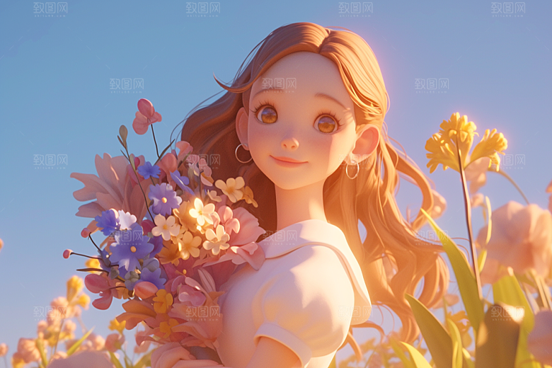 手捧鲜花的少女人物立体素材