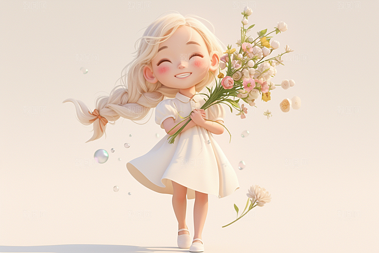 手捧鲜花的少女模型花朵素材