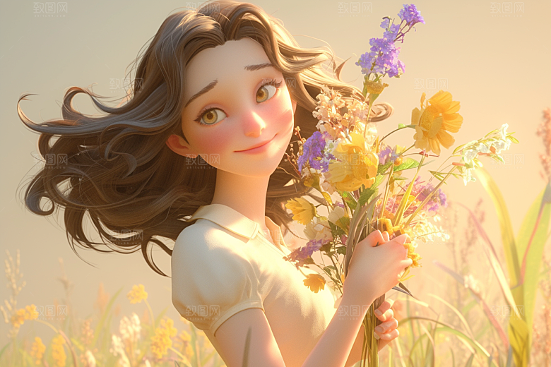 手捧鲜花的少女梦幻清新素材