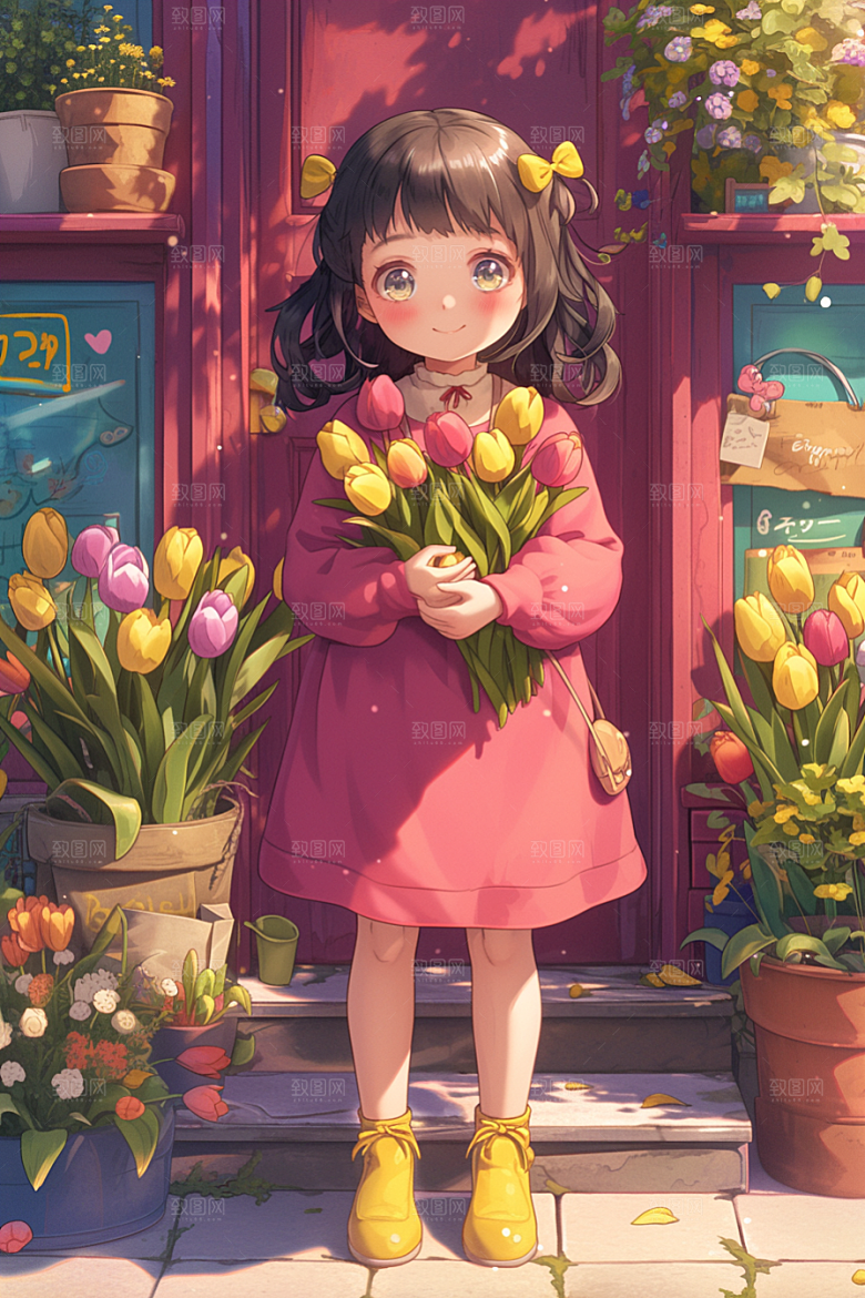 手捧鲜花的少女自然模型素材
