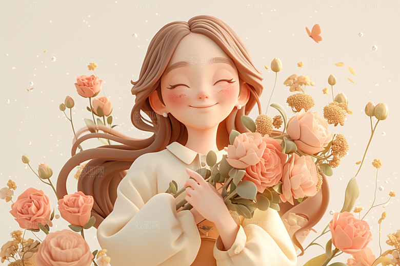 手捧鲜花的少女烂漫自然素材