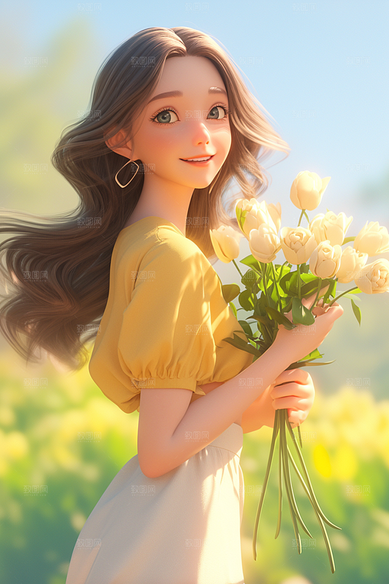手捧鲜花的少女人物模型素材