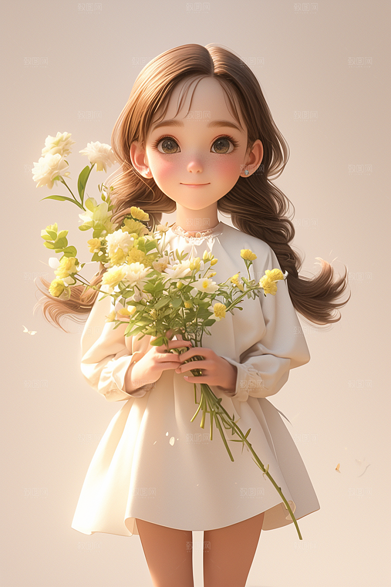 手捧鲜花的少女烂漫青春素材