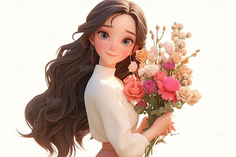 手捧鲜花的少女立体春天素材