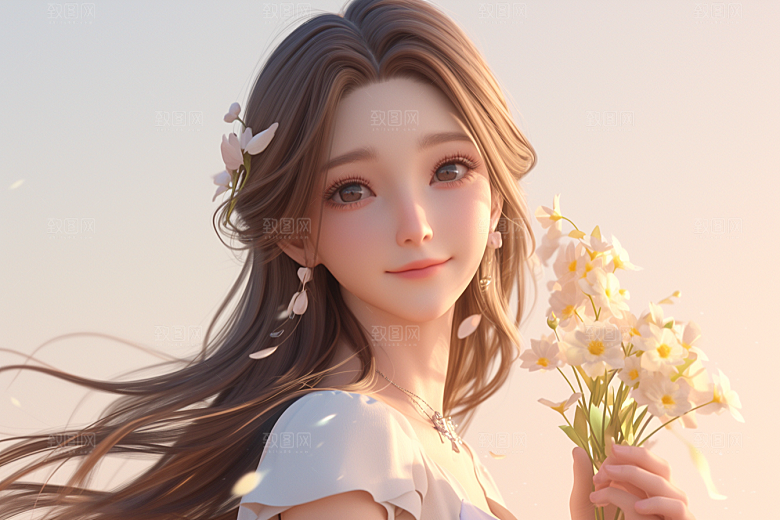 手捧鲜花的少女烂漫模型素材